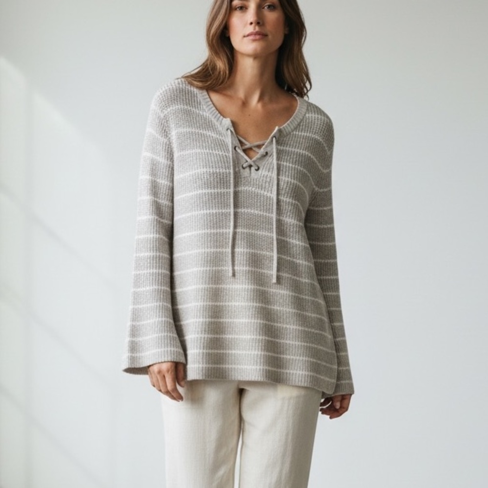 Old Navy striped tan white coastal Grandma knit flare sleeve
Nautical old money